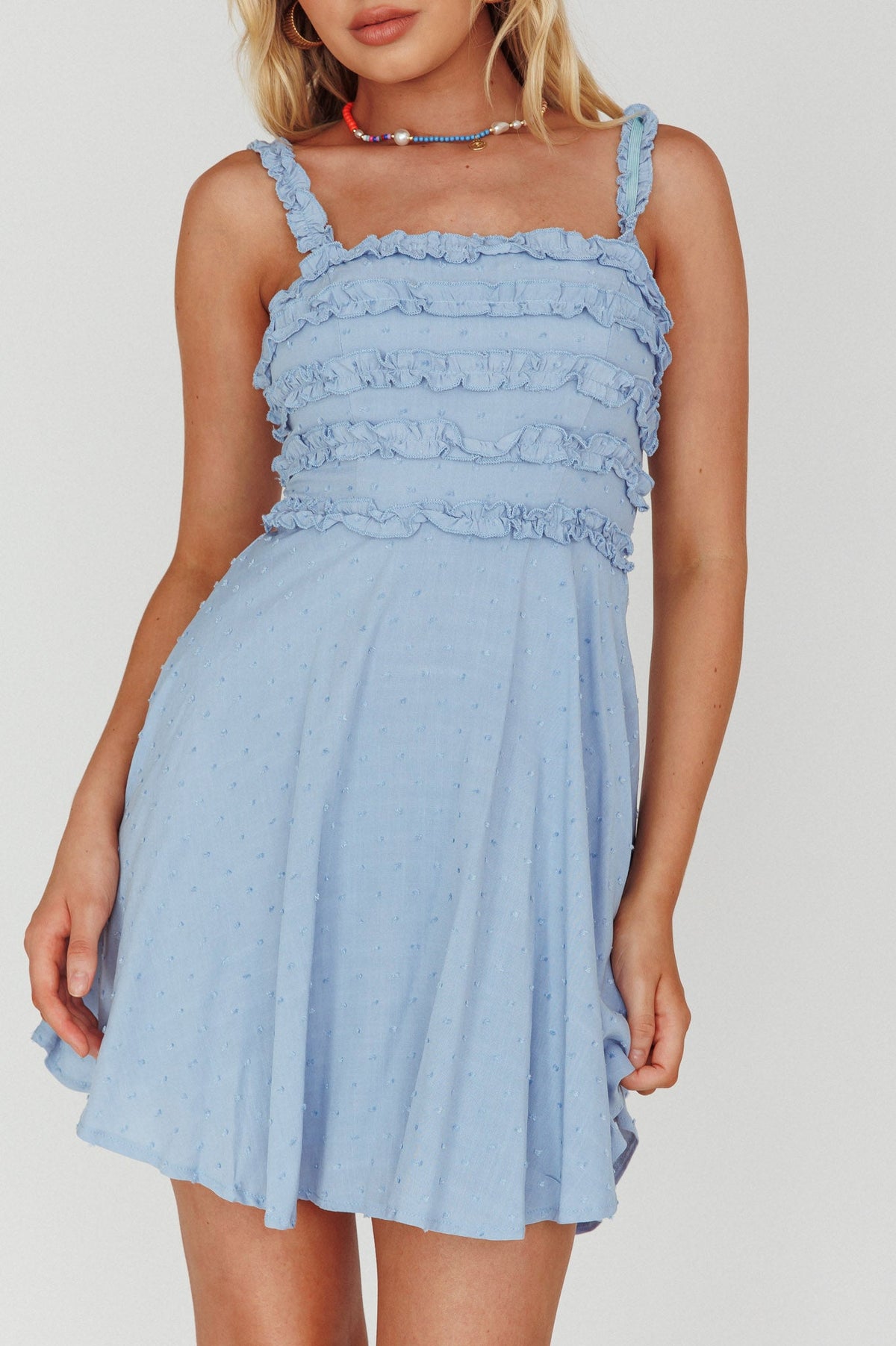 Illia Frill Trim Textured Dress Blue