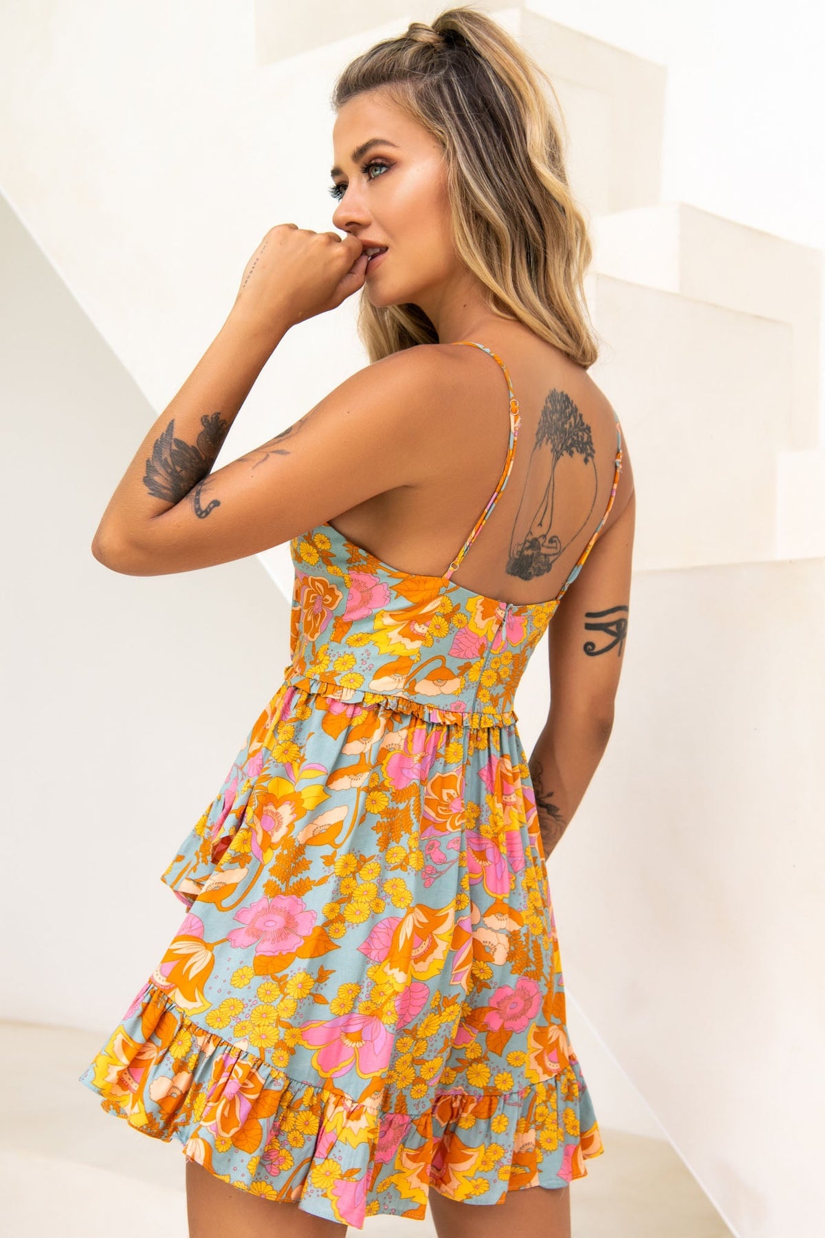 Geordie Ruched Bust Frill Trim Dress Floral Print Aqua Multi