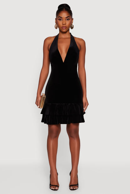 Velvet Ruffle Tiered Tie Back Halter Dress