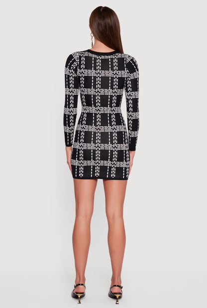 Patterned V-Neck Long Sleeve Mini Sweater Dress