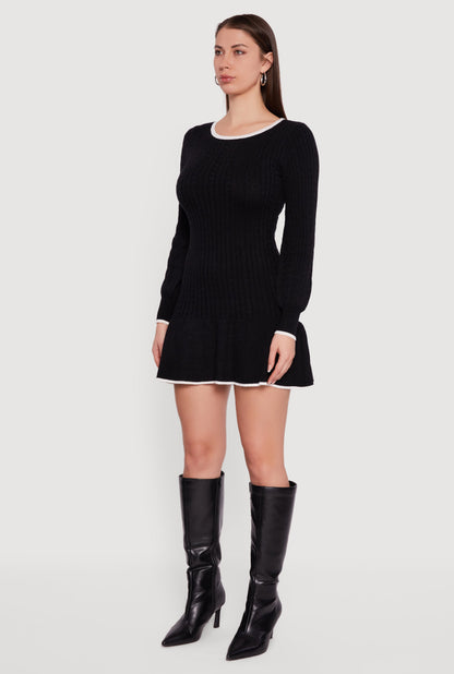 Crew Neck Contrast Trim Long Sleeve Sweater Dress