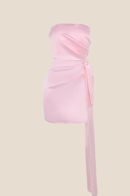 Strapless Pink Satin Tight Mini Dress with Train