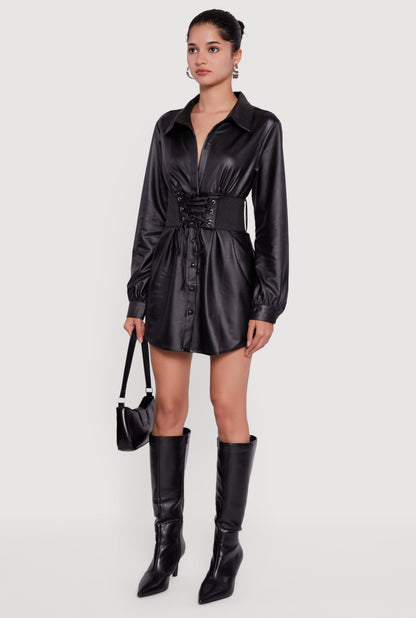 Leather Look Belted Mini Dress