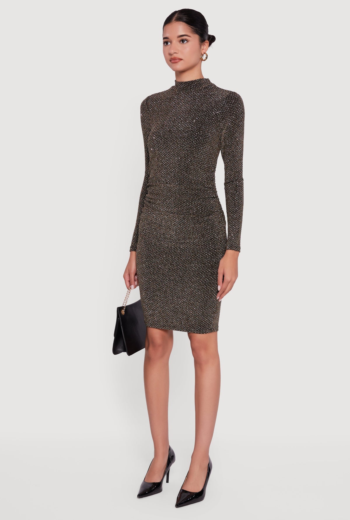 Lurex Long Sleeve Side Ruched Dress with Rhinestones