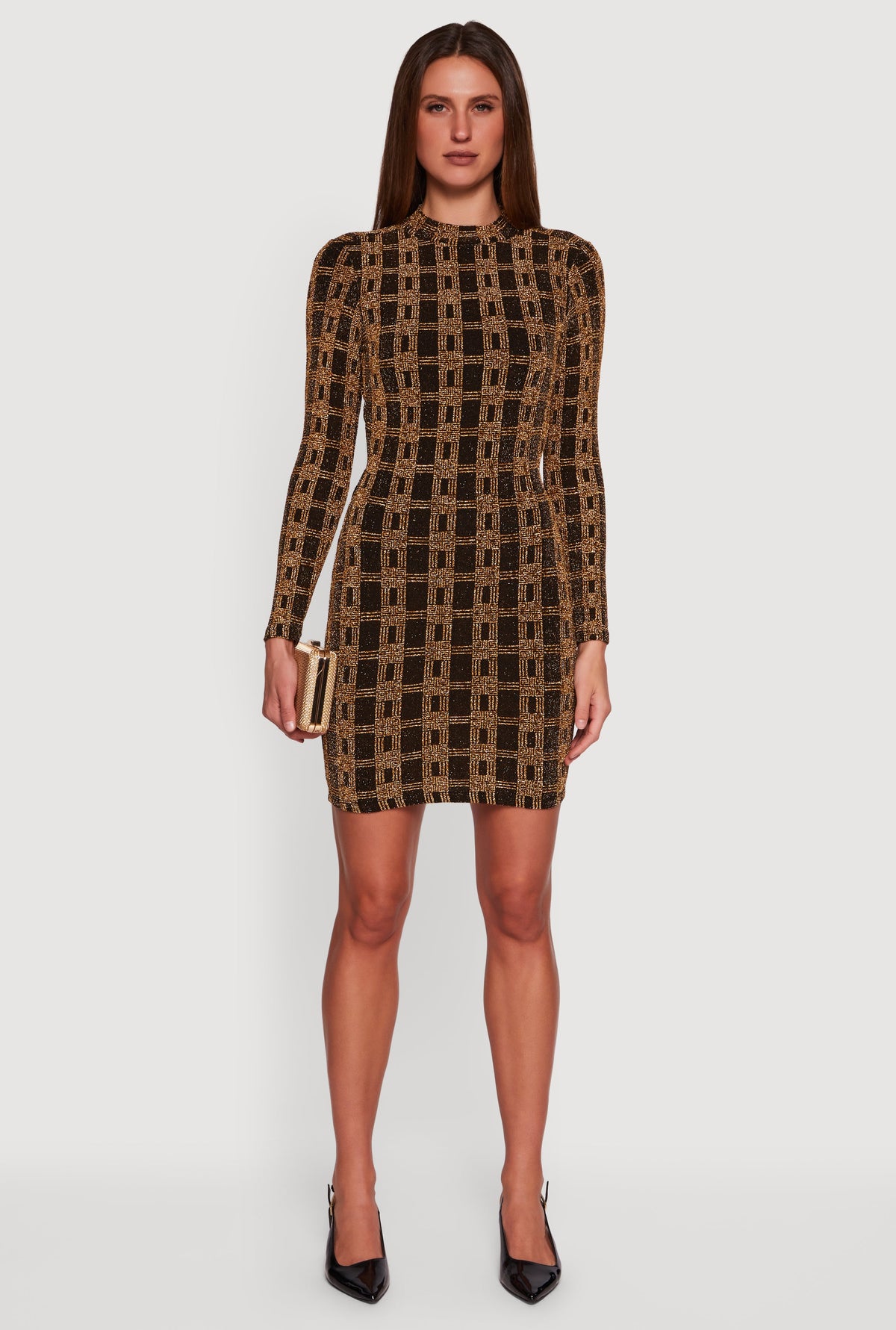 Geometric Lurex Long Sleeve Open Tie Back Mini Dress