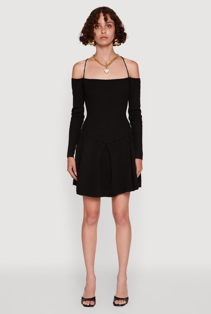 Ribbed Knit Lace Up Back Pleated Skater Dress