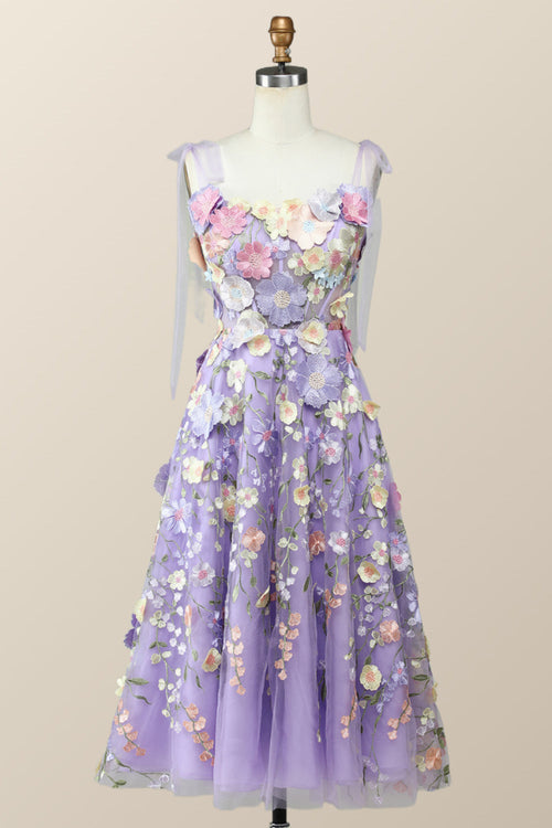 Straps Lavender 3D Flower Midi Dress
