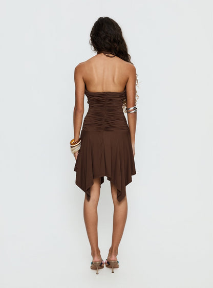 Angiana Halter Asymmetrical Mini Dress Chocolate Brown