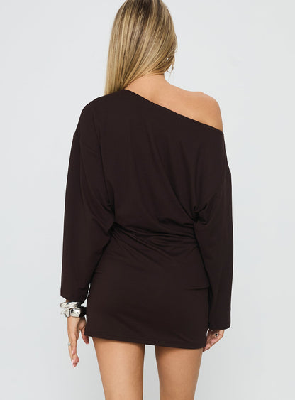 Sakaia Long Sleeve Eyelet Mini Dress Brown