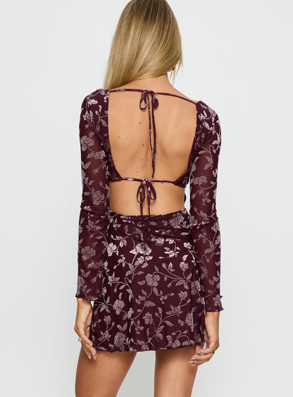 Raylena Long Sleeve V-neck Mini Dress Burgundy Floral