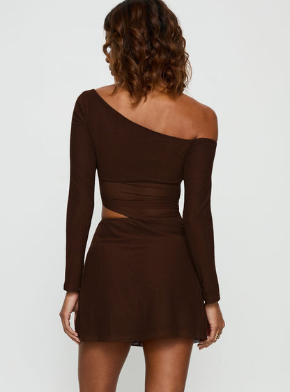 Fade To Black Off Shoulder Long Sleeve Mini Dress Chocolate