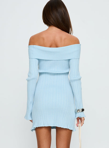 Freshwater Long Sleeve Rib Knit Mini Dress Ice Blue