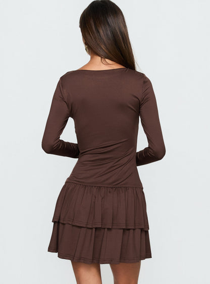 Mallissa Long Sleeve Ruffled Mini Dress Brown