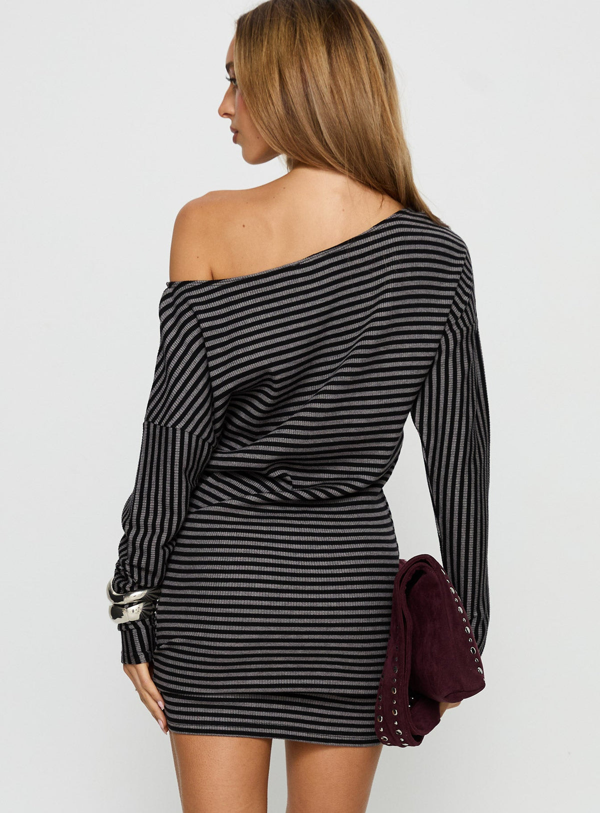 Alayne Long Sleeve Knit Mini Dress Black / Grey Stripe