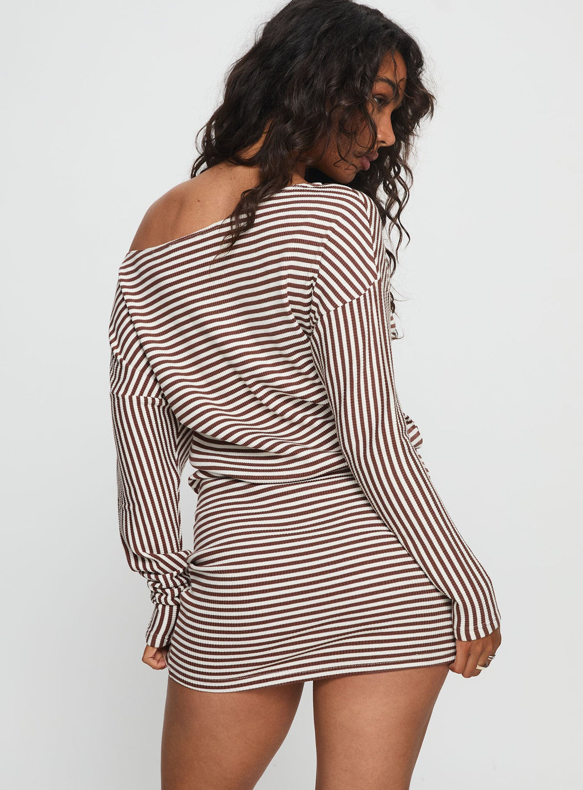 Caia Off Shoulder Long Sleeve Jersey Mini Dress Chocolate Stripe