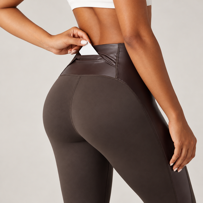 High Waisted Stretchy PU Tummy Control Yoga Leggings with Pocket