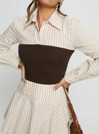 Belva Long Sleeve Corset Shirt Mini Dress Brown Stripe