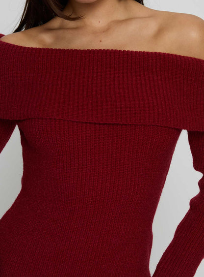Noriko Long Sleeve Knit Mini Dress Burgundy