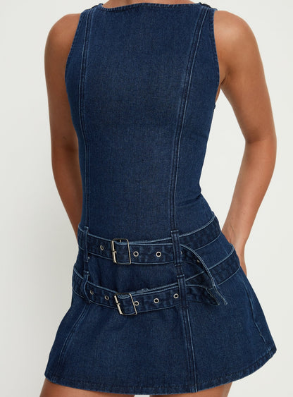 Kainer Denim Buckle Mini Dress Dark Blue Wash
