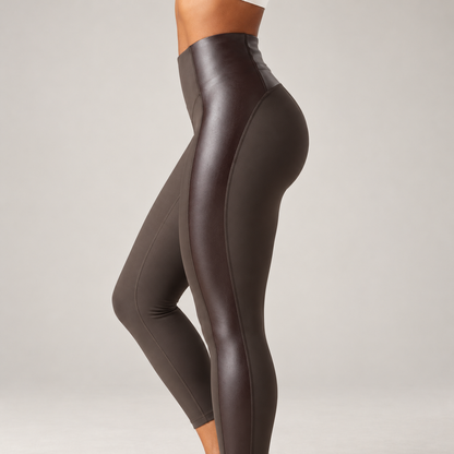 High Waisted Stretchy PU Tummy Control Yoga Leggings with Pocket