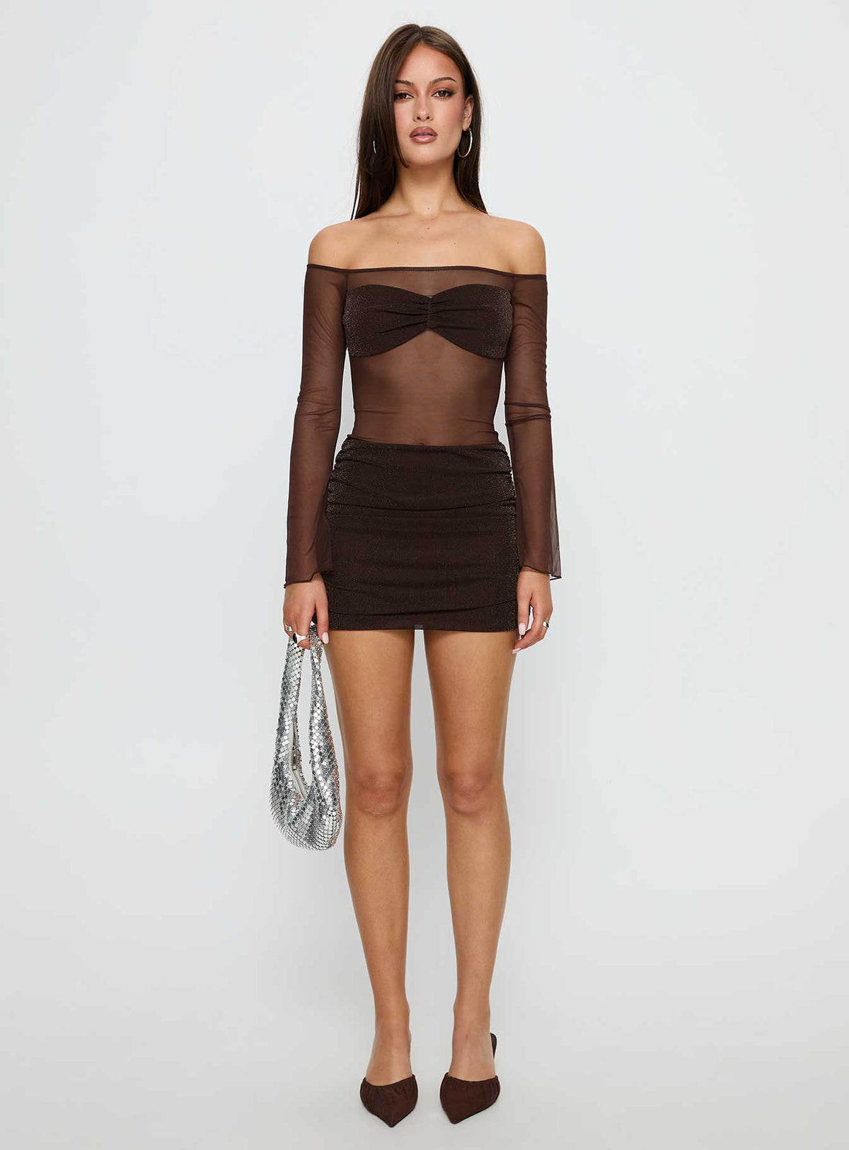 Briseida Mesh Long Sleeve Mini Dress Chocolate