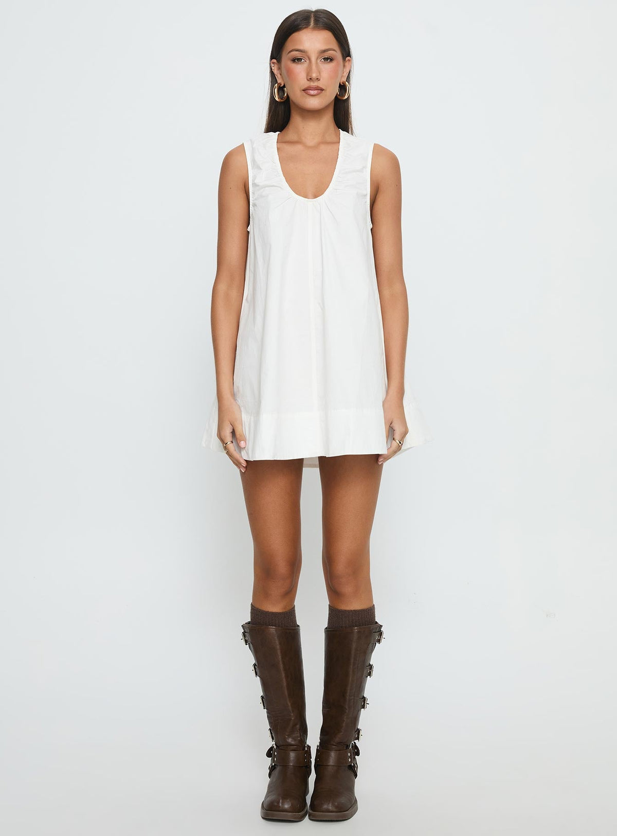 Eberta Ruched Baby Doll Mini Dress White