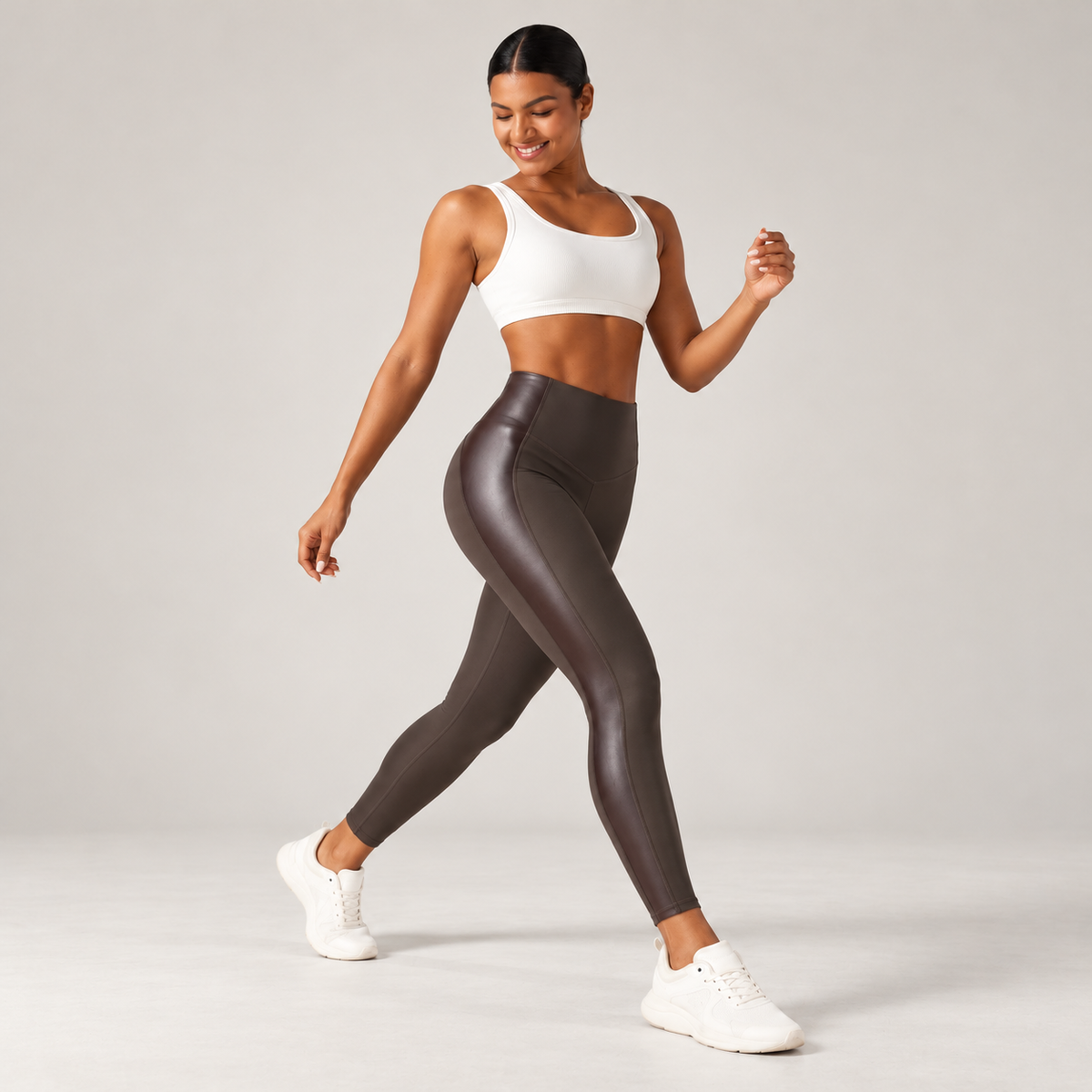 High Waisted Stretchy PU Tummy Control Yoga Leggings with Pocket