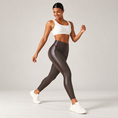 High Waisted Stretchy PU Tummy Control Yoga Leggings with Pocket