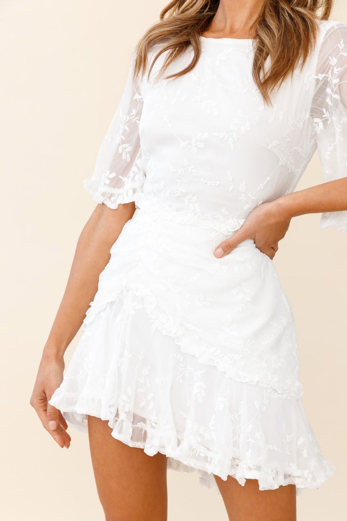 Leona Half Sleeve Frill Trim Dress Leaf Embroidered White