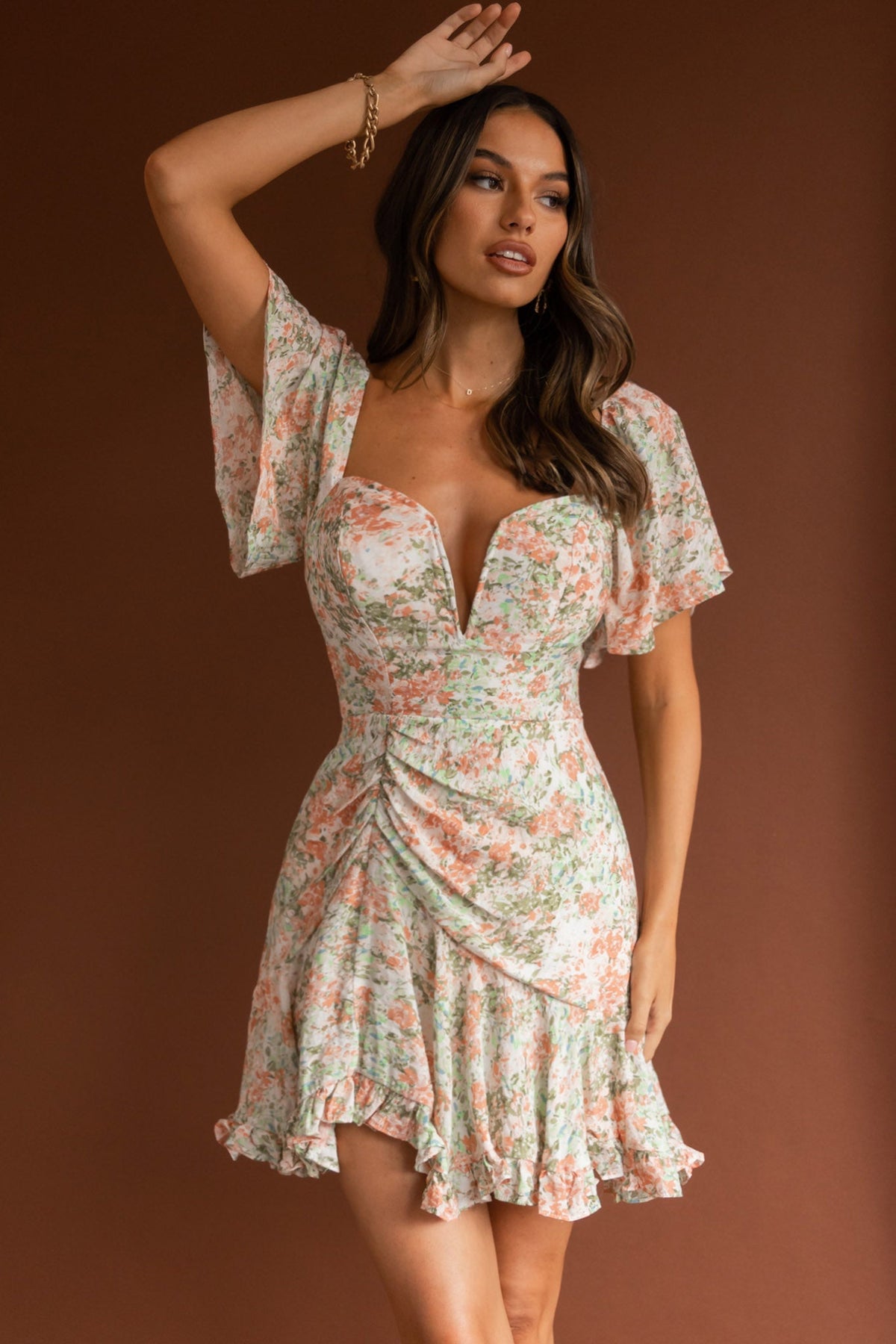 Leona V-Bust Frill Mini Dress Floral Peach
