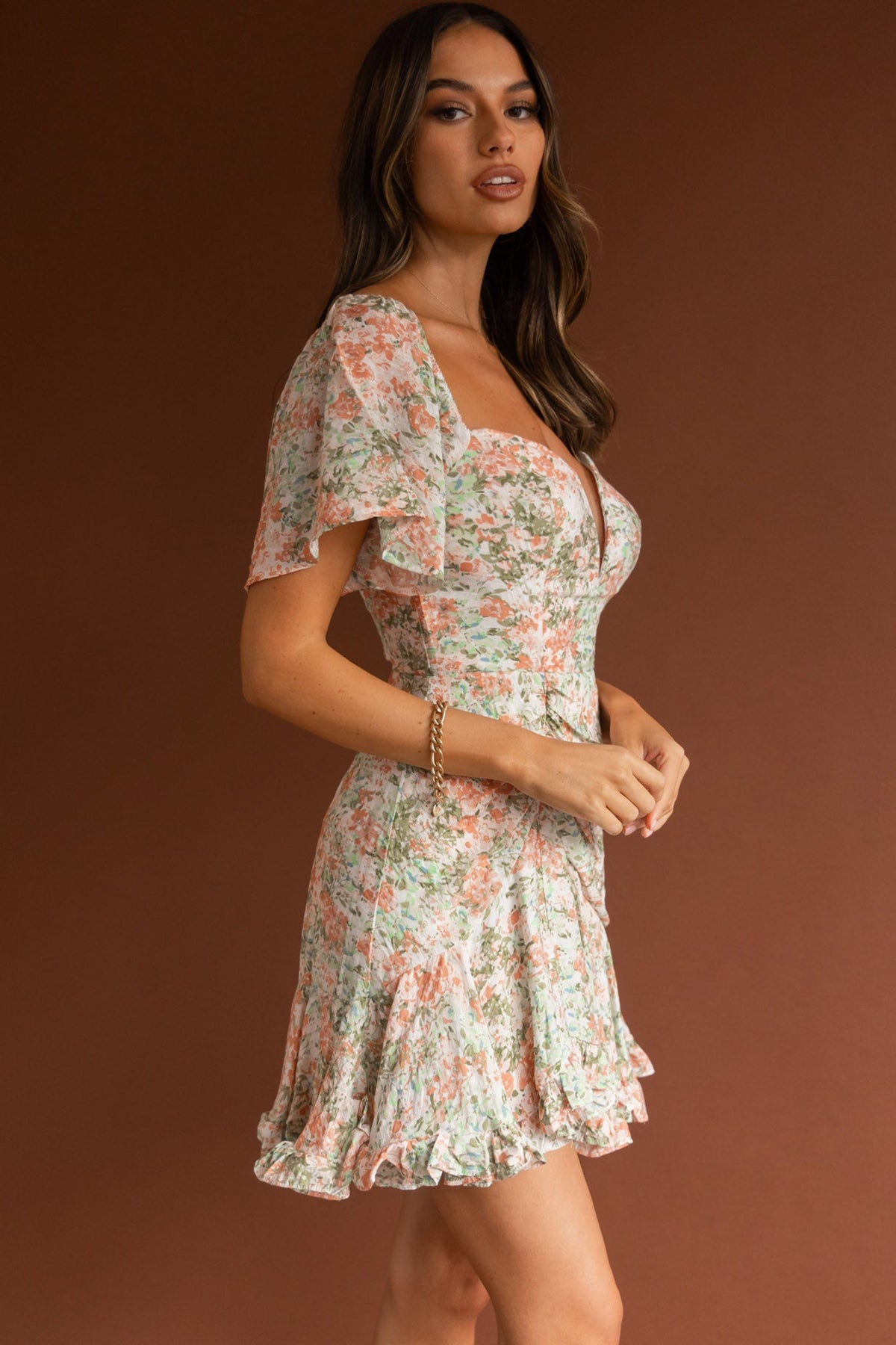 Leona V-Bust Frill Mini Dress Floral Peach
