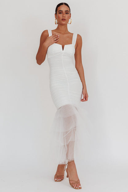 Nadia Tulle Hem Ruched Maxi Dress White