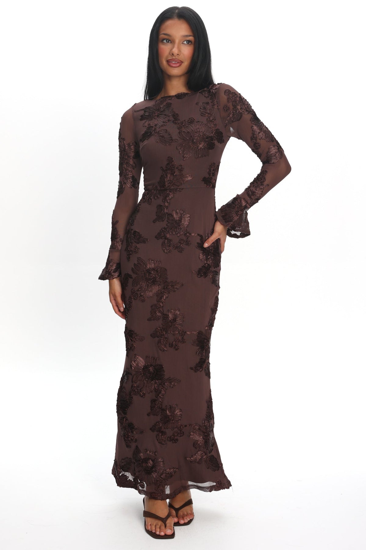 Helsi Long Sleeve Embellished Maxi Dress Brown