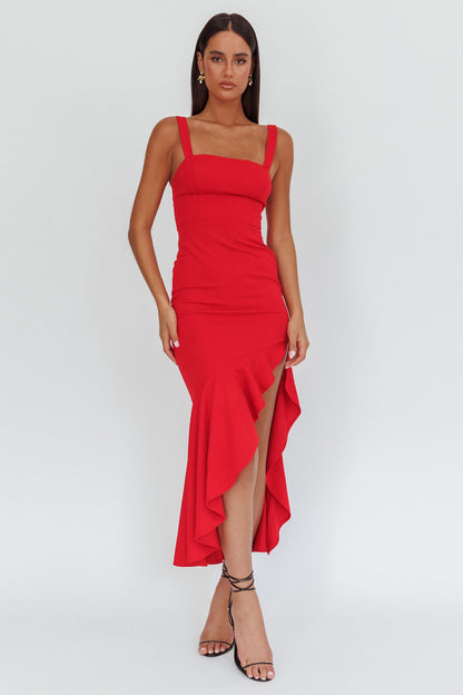 Delighted Asymmetric Hem Maxi Dress Red