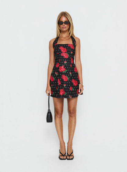 Rosamie Halter Mini Dress Black Polka Floral
