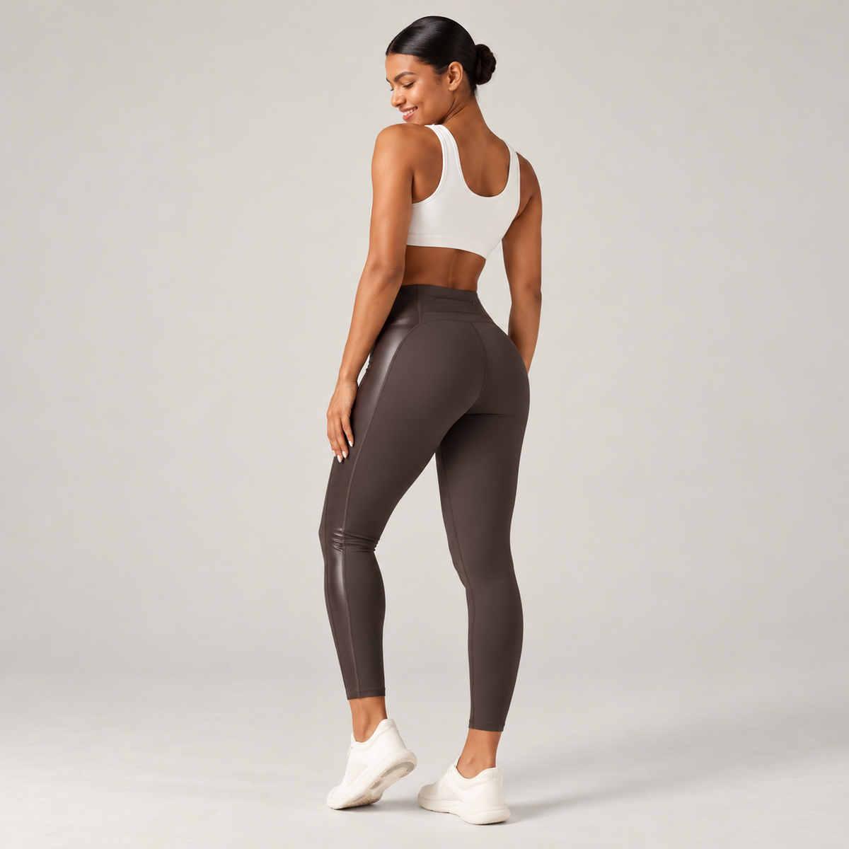 High Waisted Stretchy PU Tummy Control Yoga Leggings with Pocket