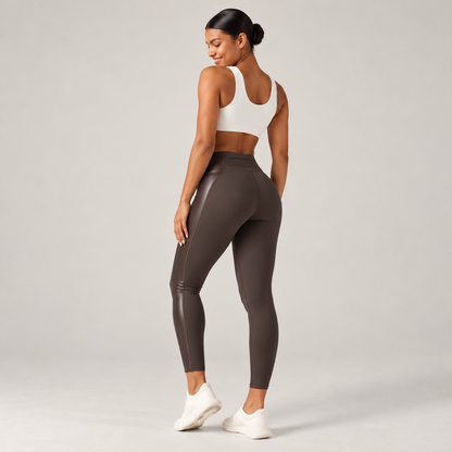 High Waisted Stretchy PU Tummy Control Yoga Leggings with Pocket