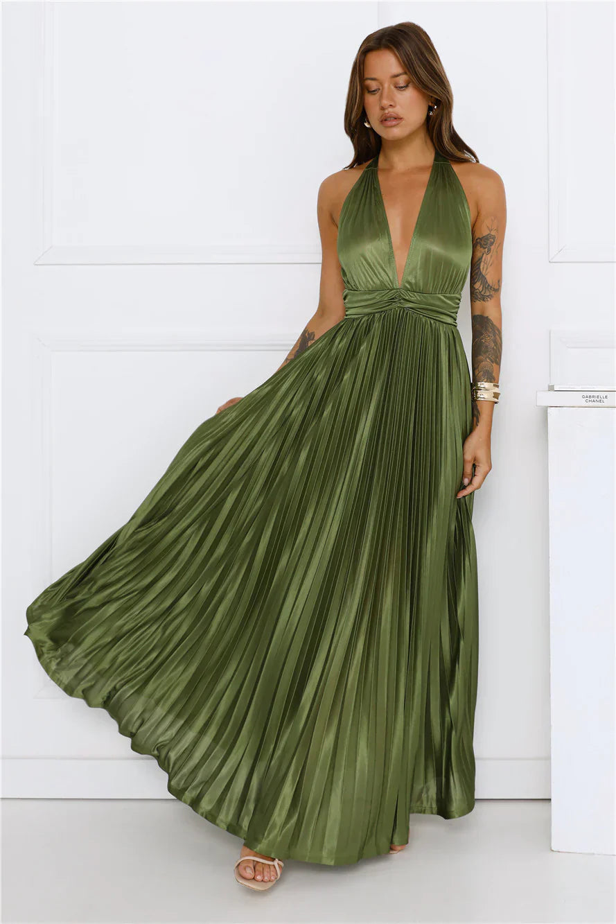 Shimmering Sea Pleated Halter Maxi Dress Olive