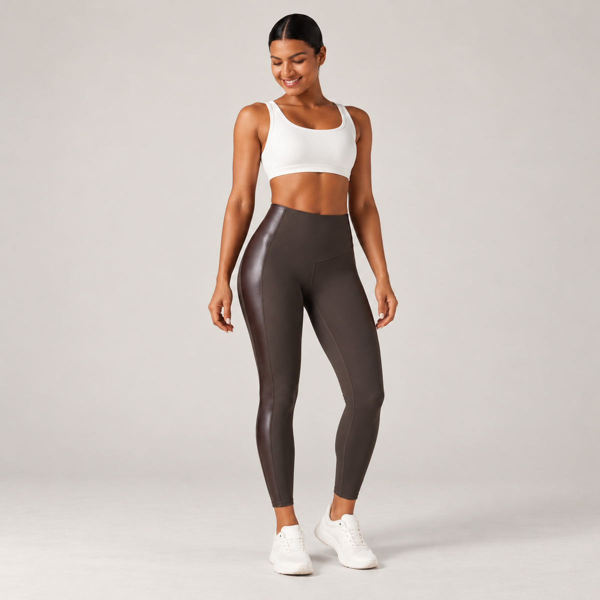 High Waisted Stretchy PU Tummy Control Yoga Leggings with Pocket