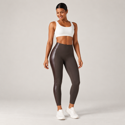 High Waisted Stretchy PU Tummy Control Yoga Leggings with Pocket