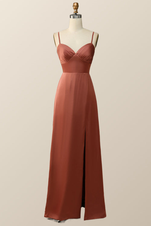 Straps Terracotta A-line Empire Long Bridesmaid Dress