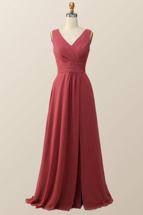 Pleated Terracotta Empire Chiffon Long Bridesmaid Dress