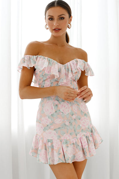 Sweet Melody Sweetheart Neckline Off-Shoulder Dress Floral Print Nude/Pink
