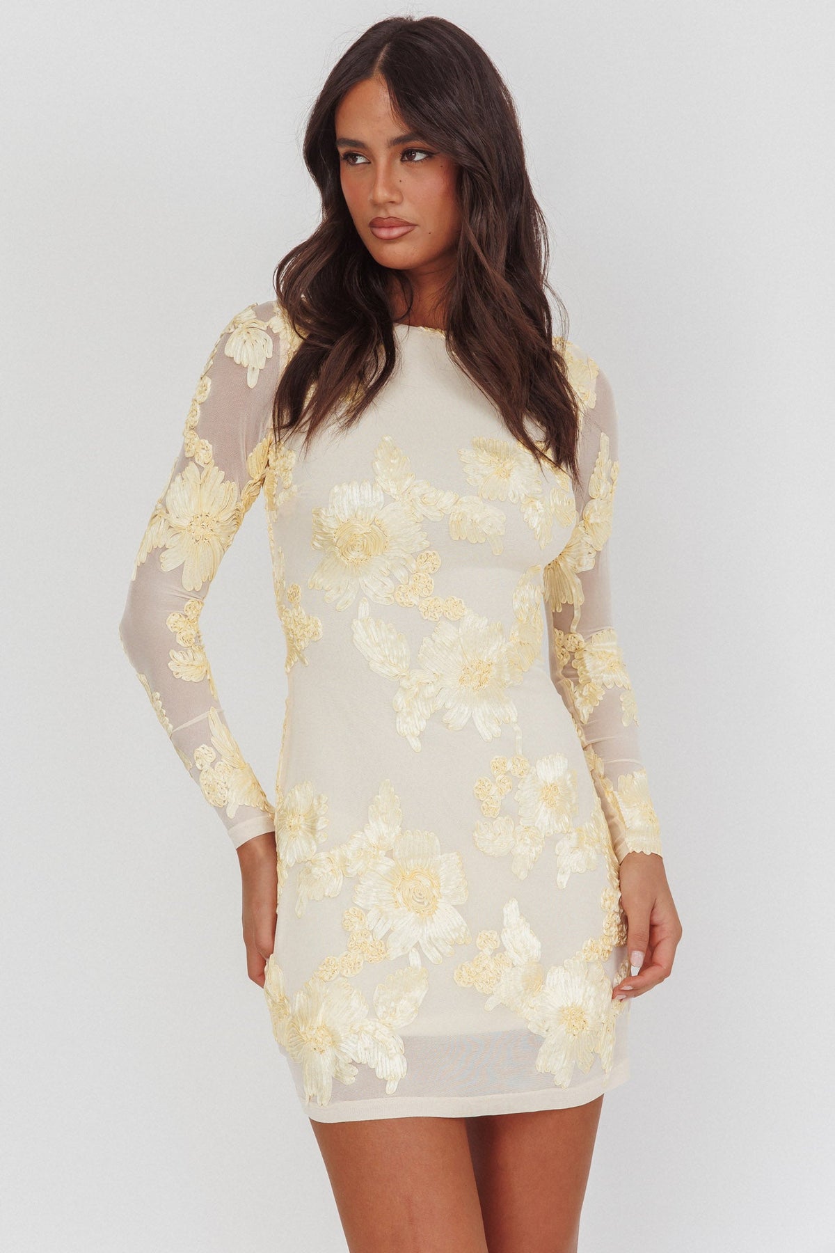 Karma Long Sleeve Scoop Back Dress Embellished Yellow