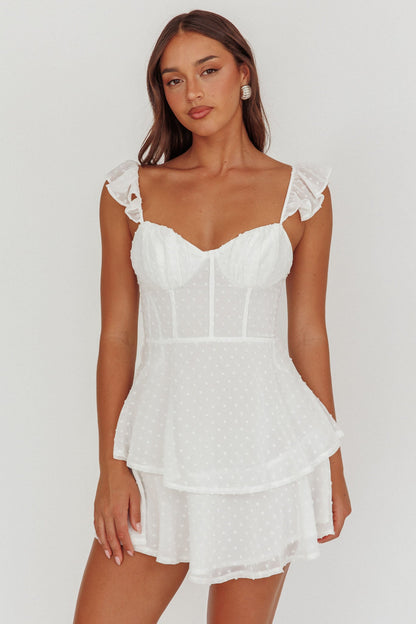 Theory Sweetheart Neckline Frill Strap Mini Dress Textured White
