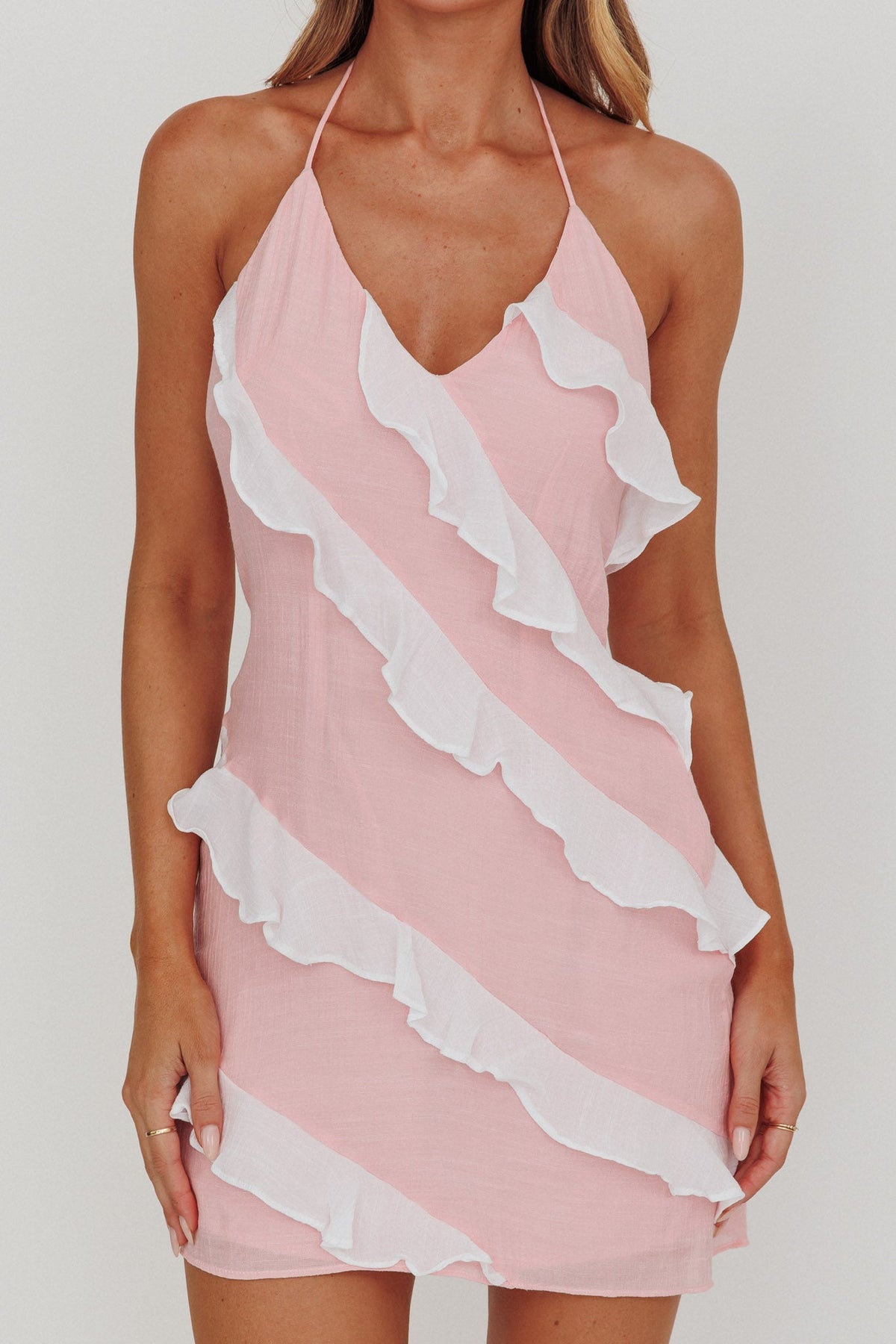Arrabel Halterneck Contrast Ruffle Mini Dress Pink