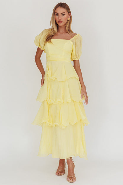 Giavana Puff Sleeve Layered Maxi Dress Lemon