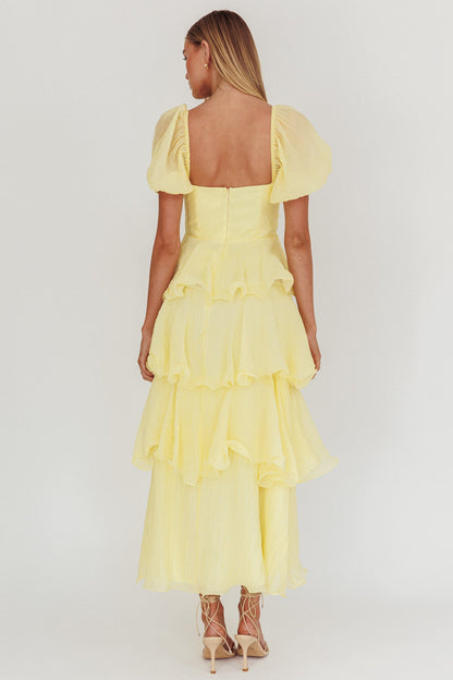 Giavana Puff Sleeve Layered Maxi Dress Lemon
