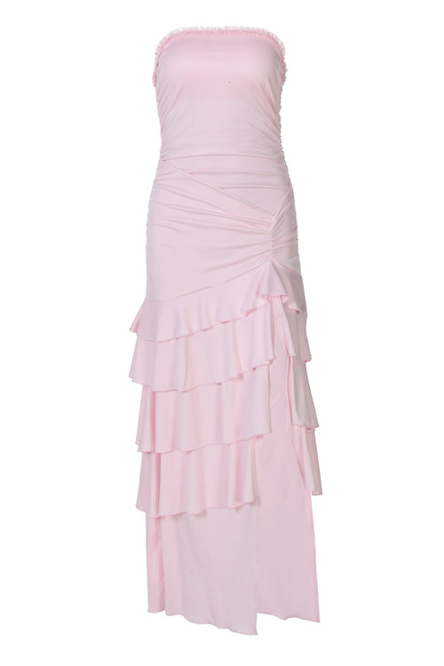 Strapless Pink Fitted Ruffle Dress