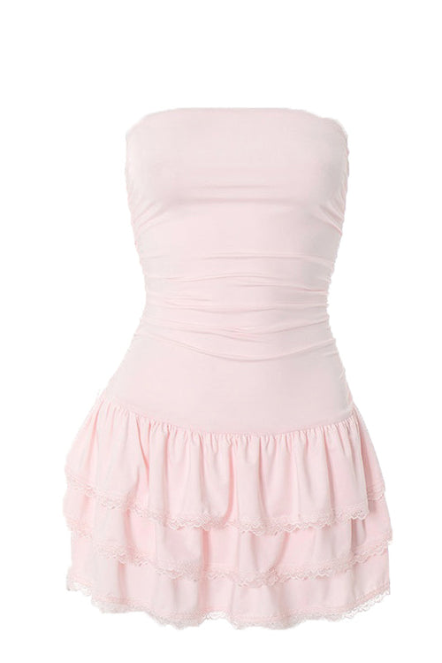 Pink Strapless Short Ruffle Dress